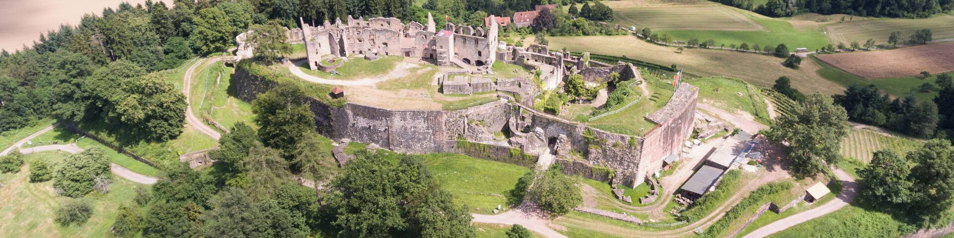 Aerial view castle ruin Hochburg near Emmendingen
