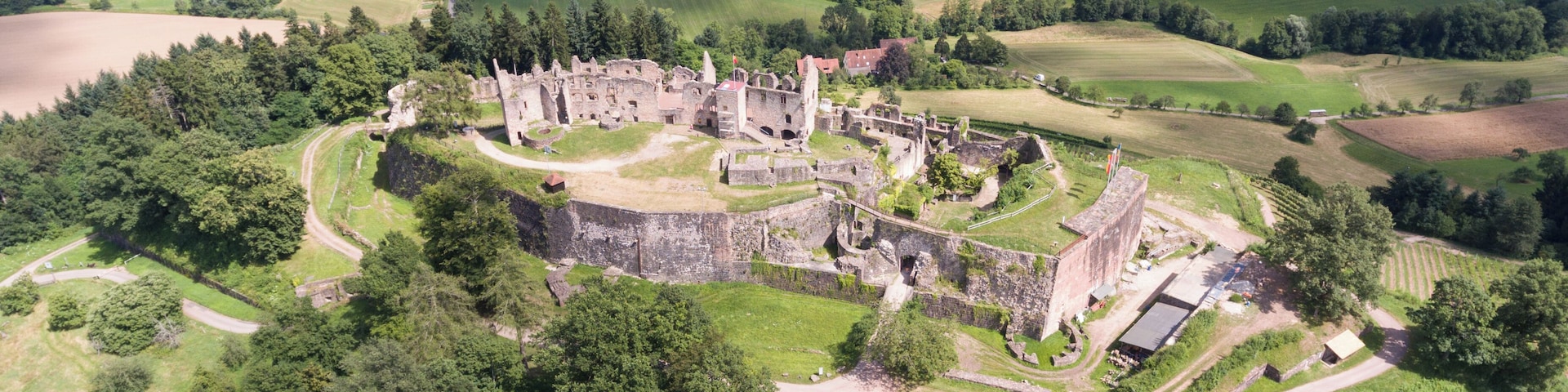 Aerial view castle ruin Hochburg near Emmendingen