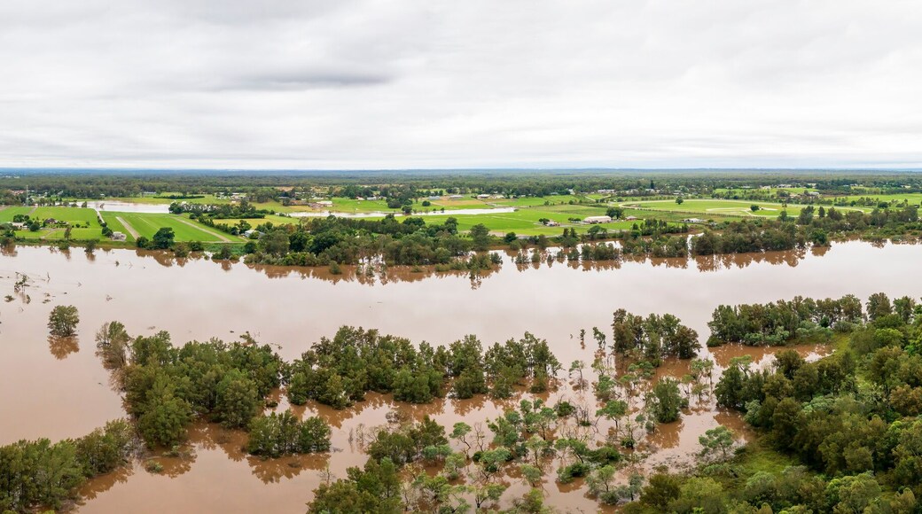 Drone aerial photograph of flooding in the Nepean River in Australia.