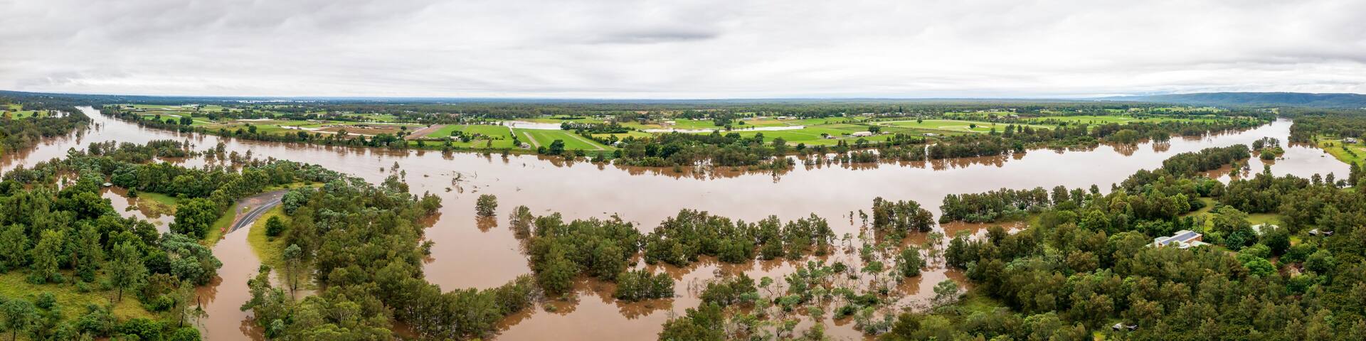 Drone aerial photograph of flooding in the Nepean River in Australia.