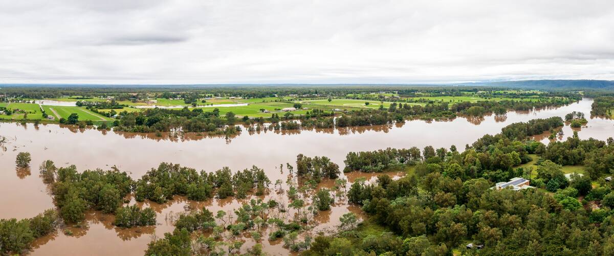 A river surrounded by green fields and trees.