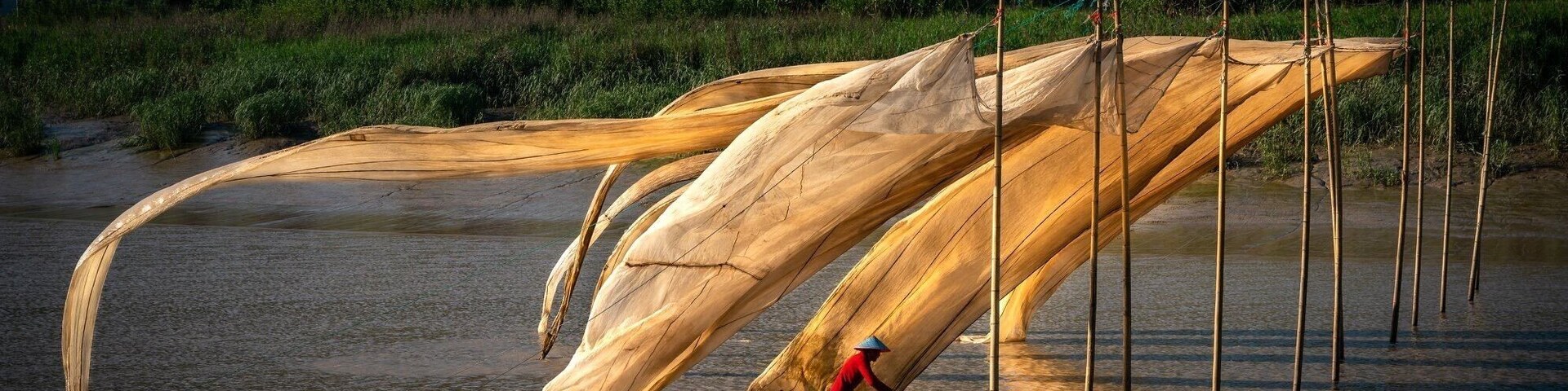 Uma pessoa trabalhando com estruturas de madeira curvas e grandes em um corpo d'água raso, rodeada por vegetação.