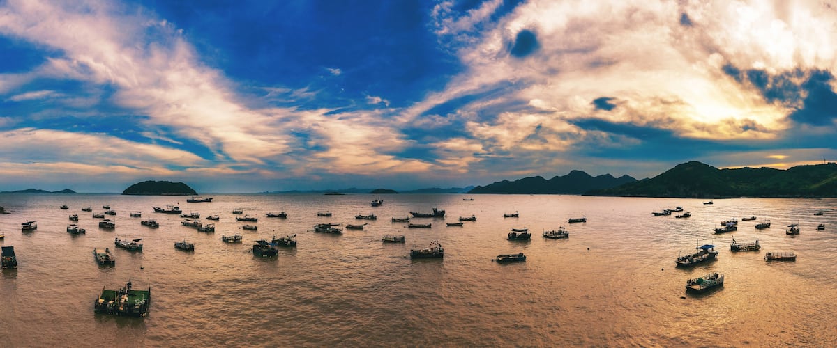 A harbor with numerous boats and a mountainous landscape in the background.