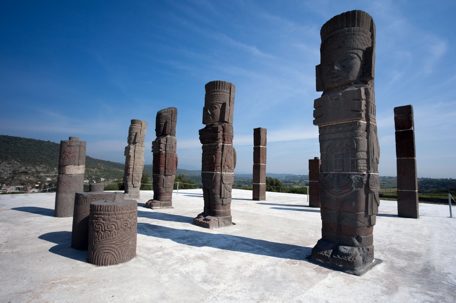 Toltec warriors. Ancient ruins of Tula de Allende, home of the Atlantean figures and the characteristic chacmools. In the state of Hidalgo, Mexico.
