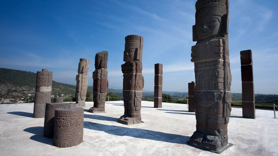 Toltec warriors. Ancient ruins of Tula de Allende, home of the Atlantean figures and the characteristic chacmools. In the state of Hidalgo, Mexico.