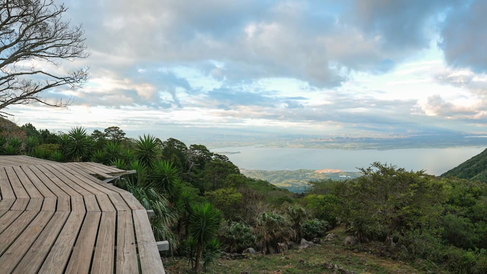 Wide angle panorama of Fonesca Gulf and La Union Bay from the top of Conchagua Volcano observation platform in El Salvador. The place were borders of Honduras, Nicaragua and El Salvador meet.