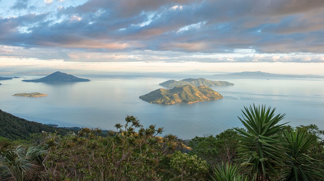 View of Fonesca Gulf and La Union Bay from the top of Conchagua Volcano observation platform at sunset hour in El Salvador. The place were borders of Honduras, Nicaragua and El Salvador meet.