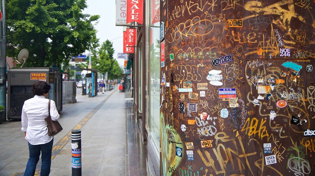 Itaewon showing outdoor art and street scenes as well as an individual femail
