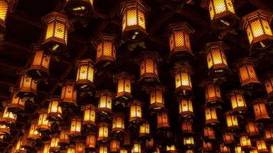 Une multitude de lanternes traditionnelles aux motifs complexes, suspendues au plafond.