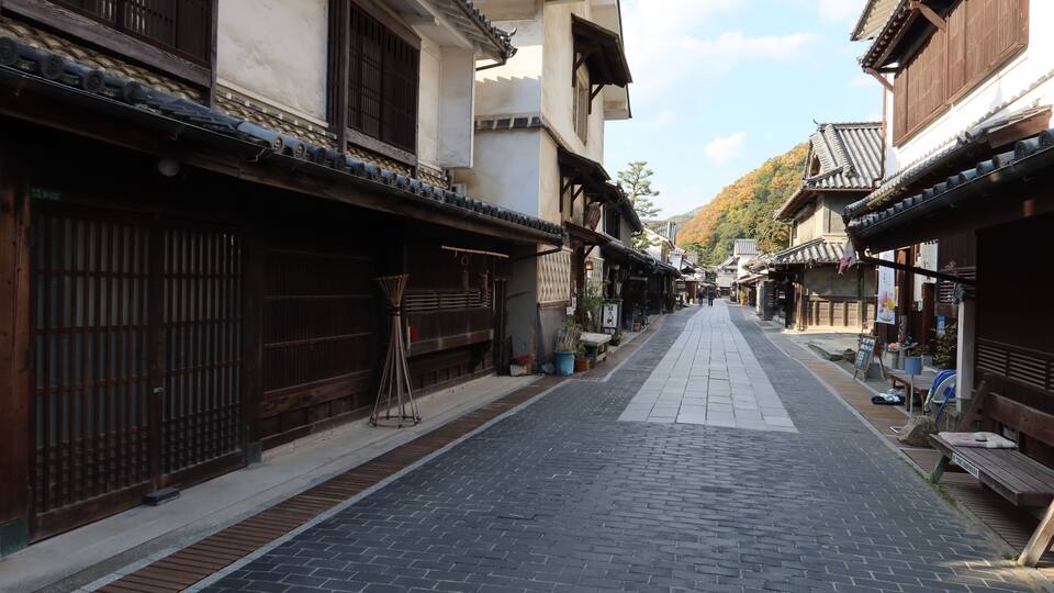 A traditional street with wooden buildings, a brick pathway, and a mountain in the background.