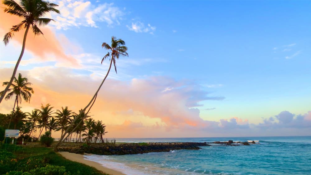 Weligama showing a sandy beach, surf and a sunset