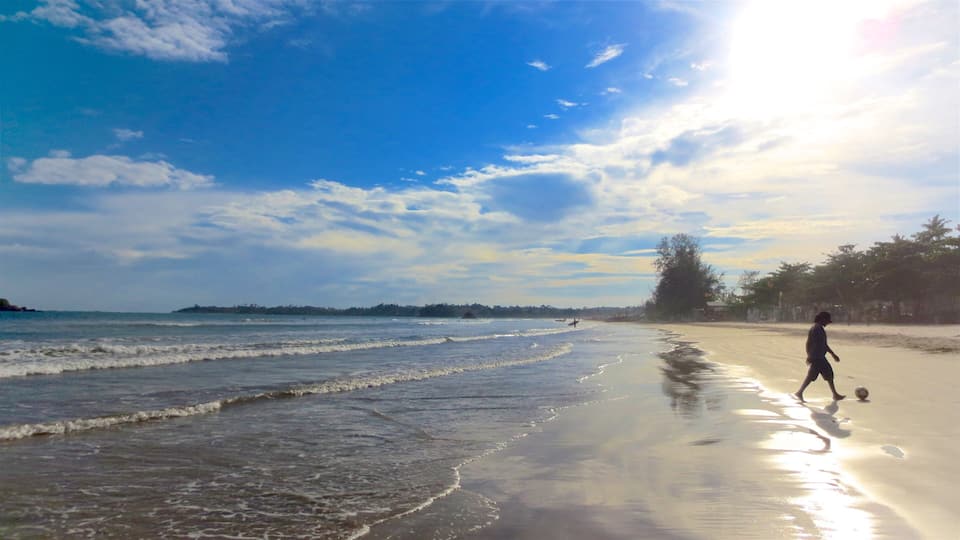 A beach with waves, a person playing soccer, and trees in the background.