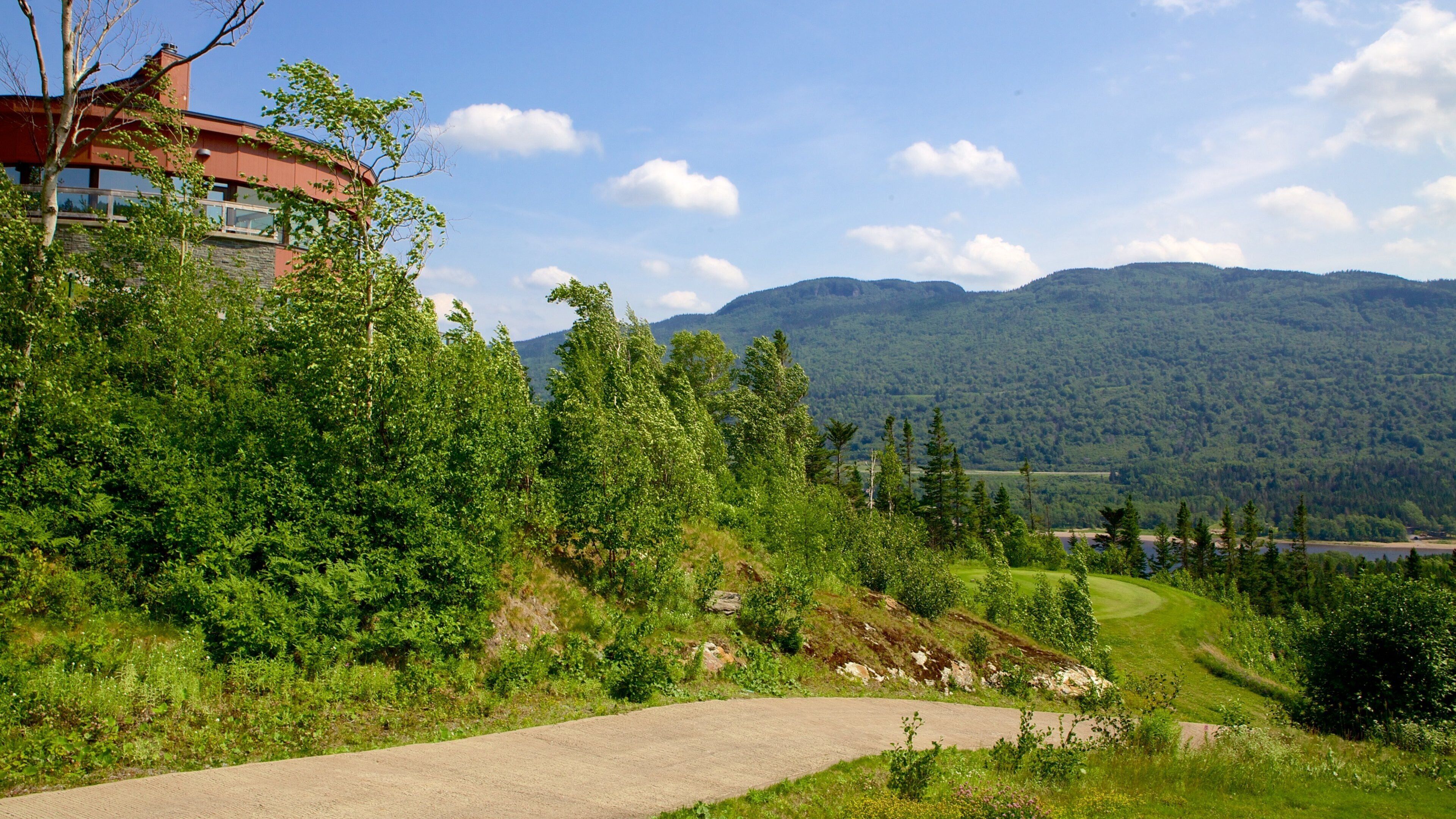 A lush green landscape with a winding road, a modern building, and a mountain range in the background.