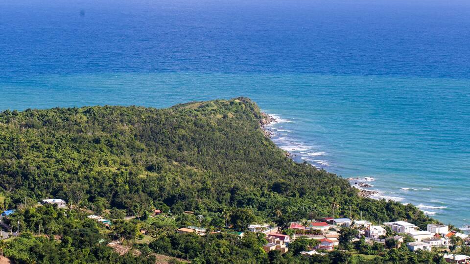 A coastal town with dense green hills and a clear blue sea.