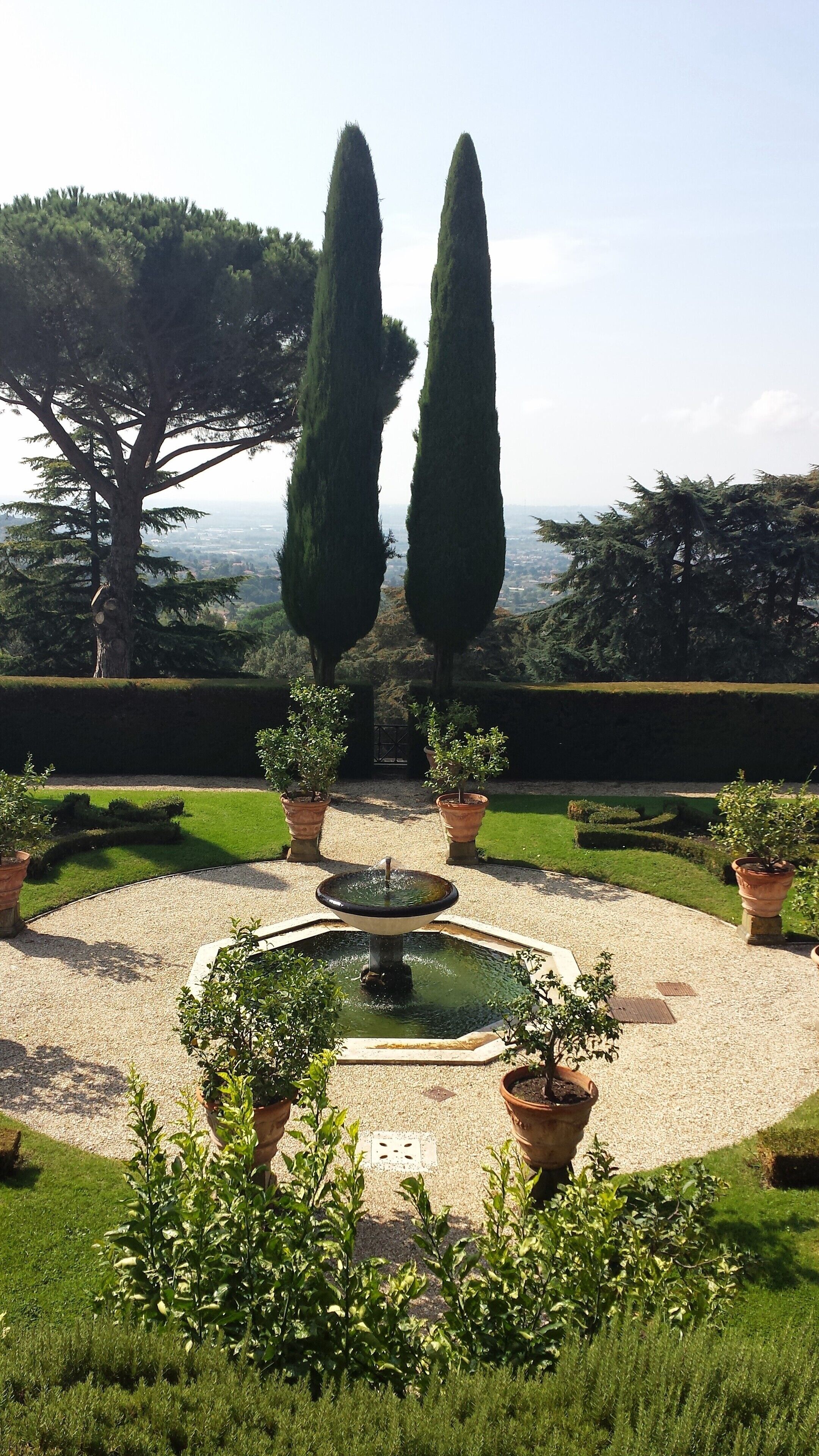 A formal garden with a central fountain, surrounded by neatly trimmed hedges and tall cypress trees.