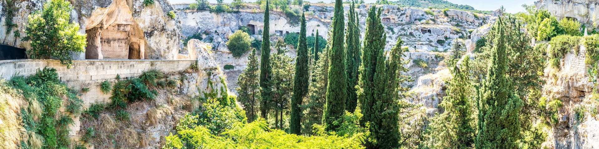 A panorama view of the tenth-century church of San Michele and the ravine on the eastern edge of the town of in Gravina, Puglia, Italy