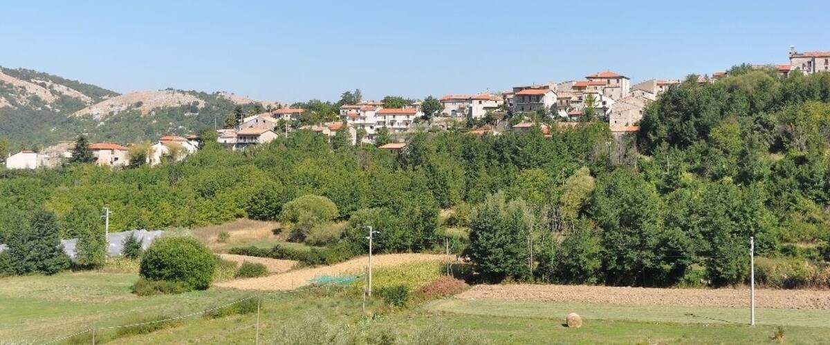 A hillside village with houses, greenery, and a clear sky.