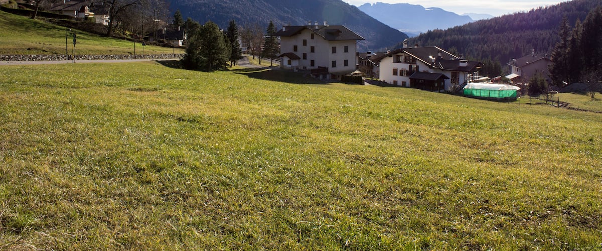 A grassy field with houses and mountains in the background.