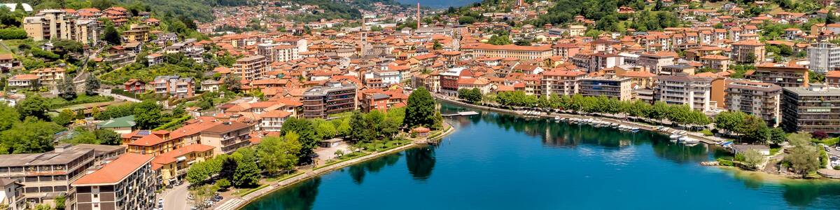 Aerial view of Omegna, located on the coast of Lake Orta in the province of Verbano-Cusio-Ossola, Piedmont, Italy