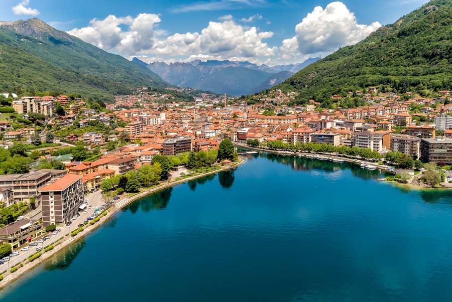 Aerial view of Omegna, located on the coast of Lake Orta in the province of Verbano-Cusio-Ossola, Piedmont, Italy