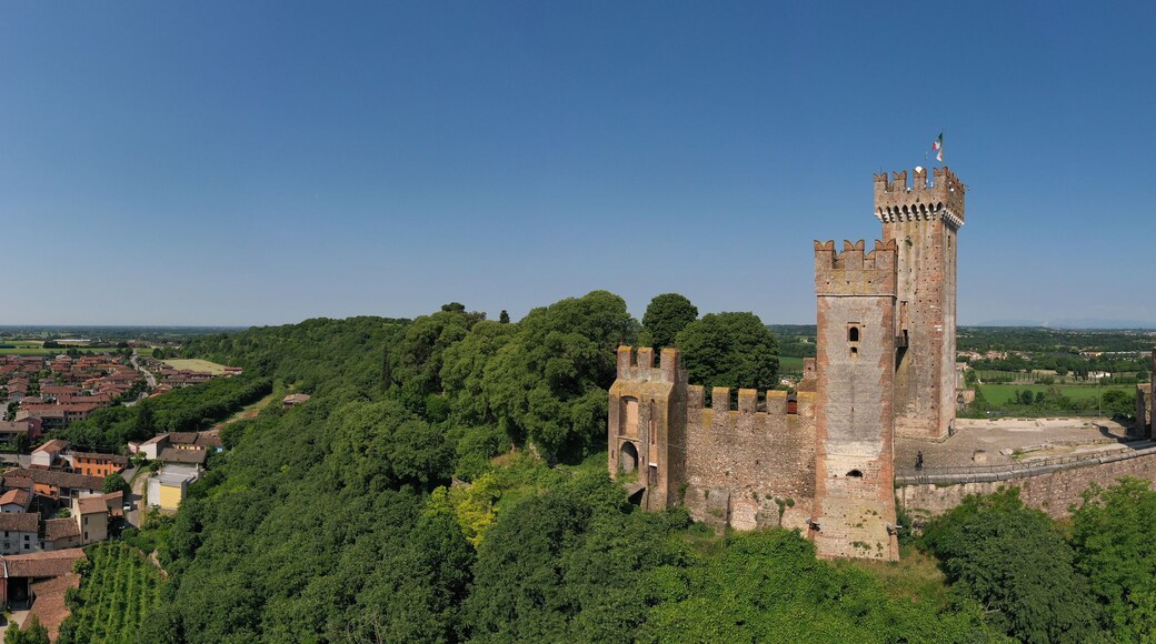 Aerial panorama of the Scaligero castle, Verona. Aerial view of the Italian historic castle Castello Scaligero on a hill. Castle Scaligero in Valeggio sul Mincio, Italy.