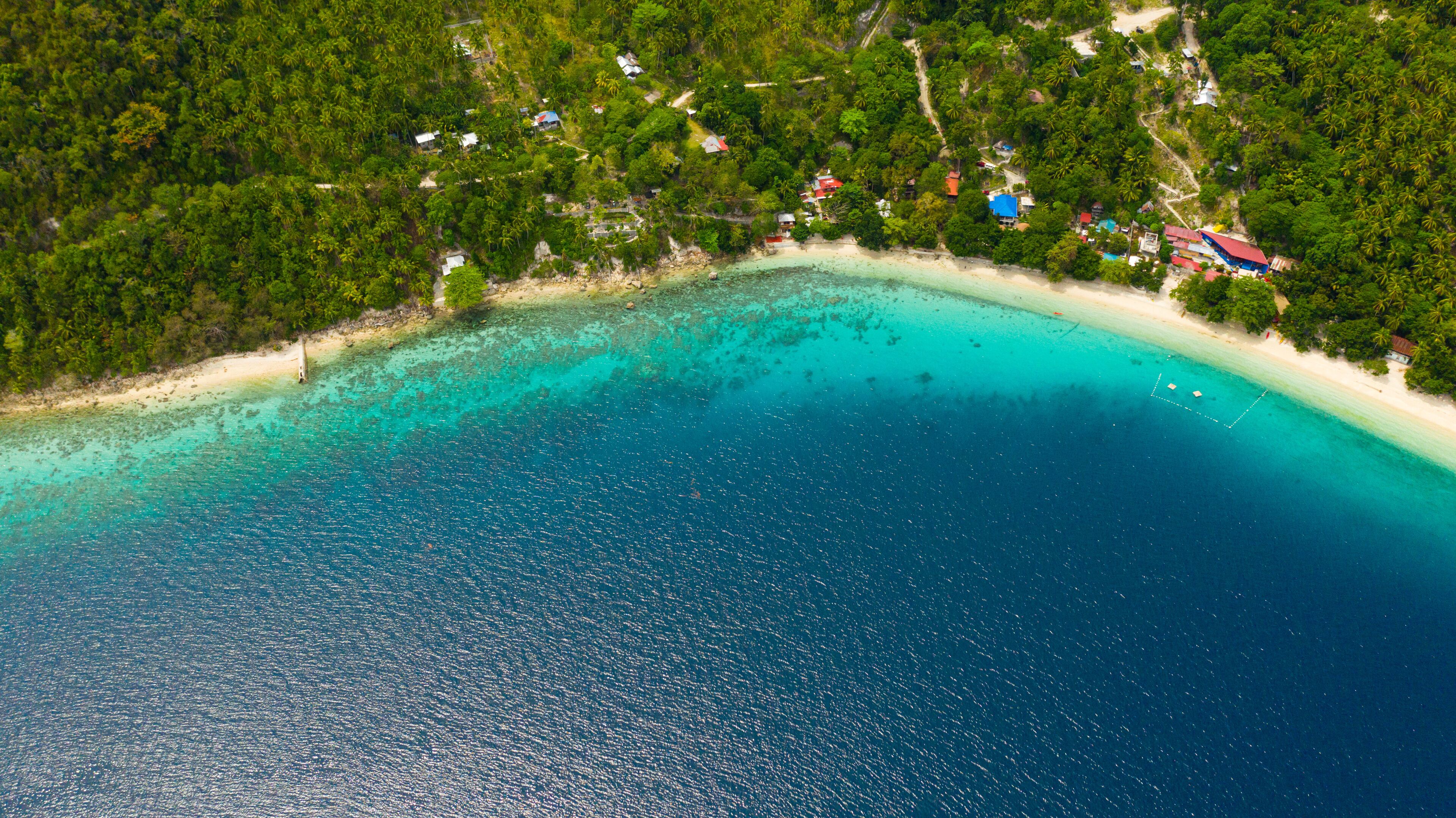 Beautiful beach Canibad, palm trees by turquoise water view from above. Philippines,Samal island.