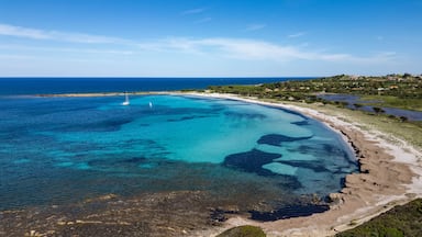 A coastal landscape with clear turquoise waters, a sandy beach, and a sailboat.