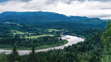Scenic evening view of Kvisloyra Island. It is located on the Namsen River in Grong municipality, Trondelag county, Norway. Norwegian landscape in summer scenery