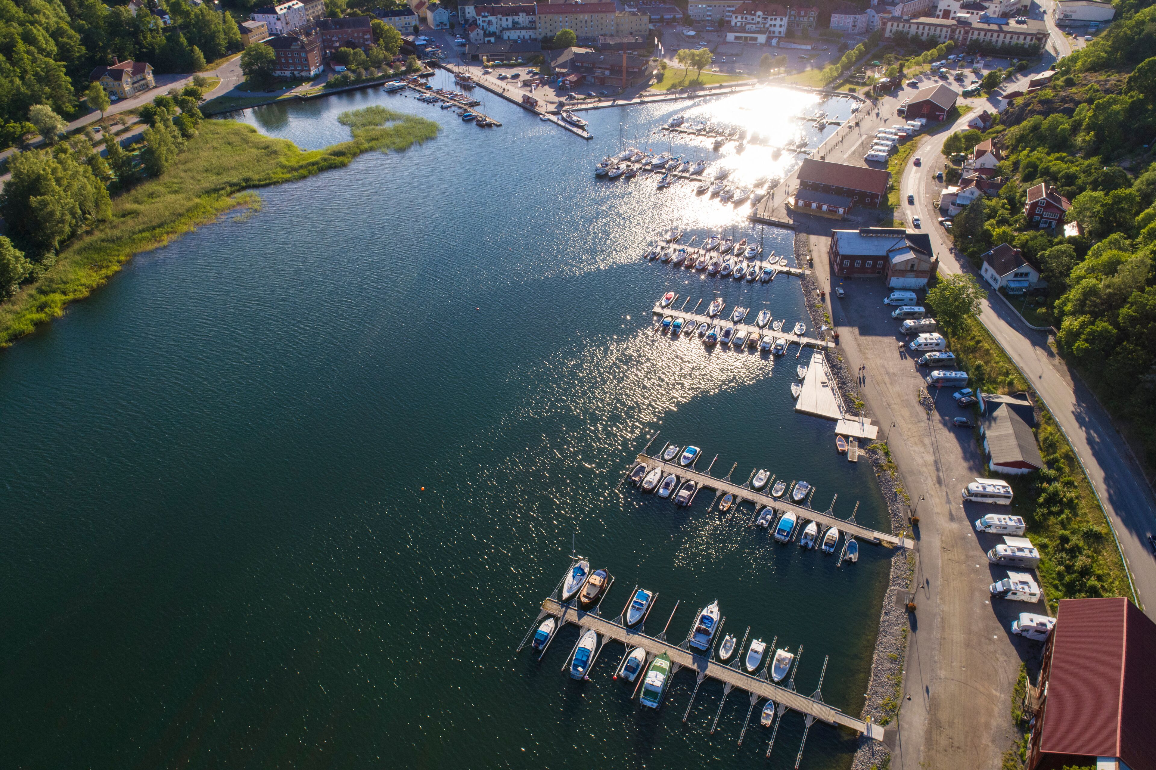 Aerial of harbor and seafront Valdemarsvik in Östergötland