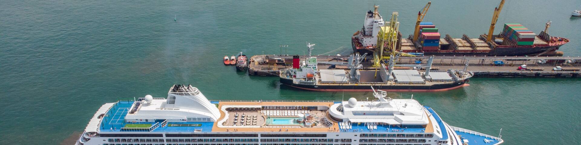 Aerial view of cruise ship anchored in Acajutla Port, El Salvador, Central America