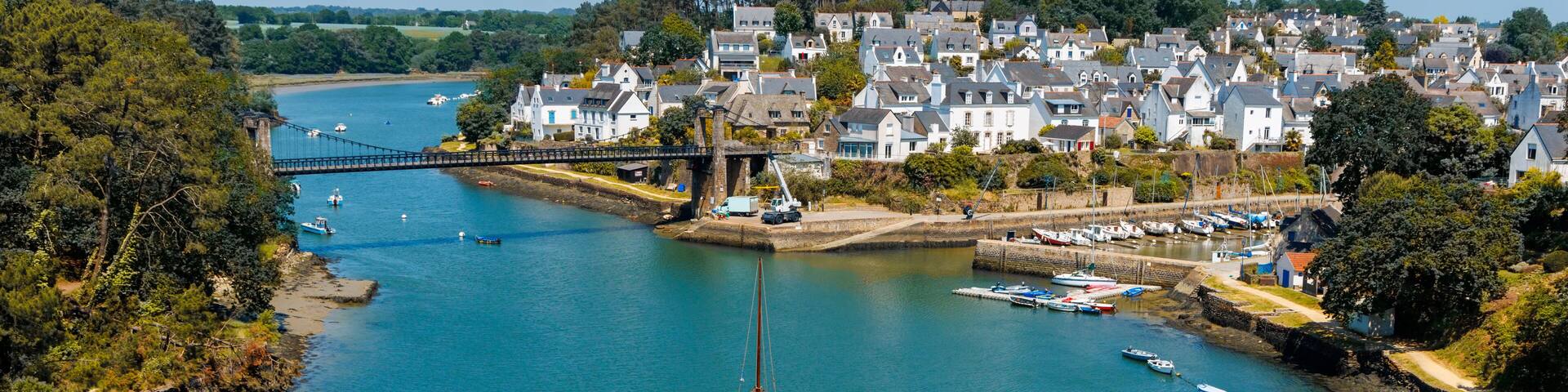 A river with a bridge, a sailboat, and a town with houses and boats.