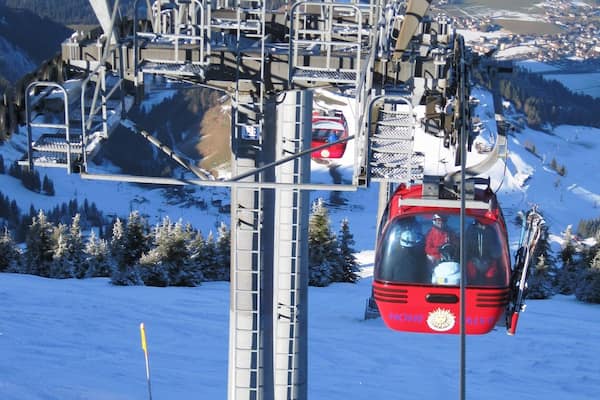 View from the gondola looking down towards Soll. A relatively small ski resort with a lovely medieval main street and charming church.