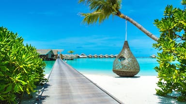 Dhidhoofinolhu, Maldives - 5 July 2017: Chill lounge zone and restaurant in the crystal water of the Indian Ocean, Maldives, 5 July 2017