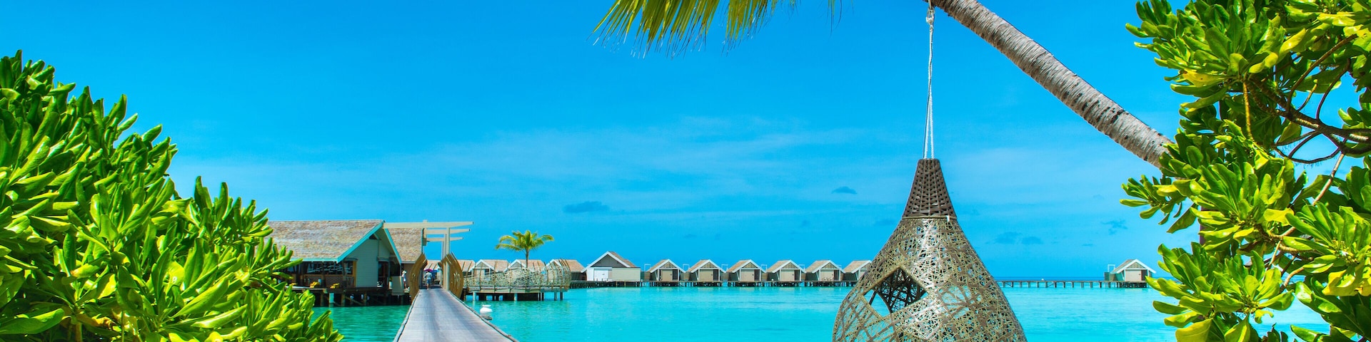 Dhidhoofinolhu, Maldives - 5 July 2017: Chill lounge zone and restaurant   in the crystal water of the Indian Ocean, Maldives, 5 July 2017