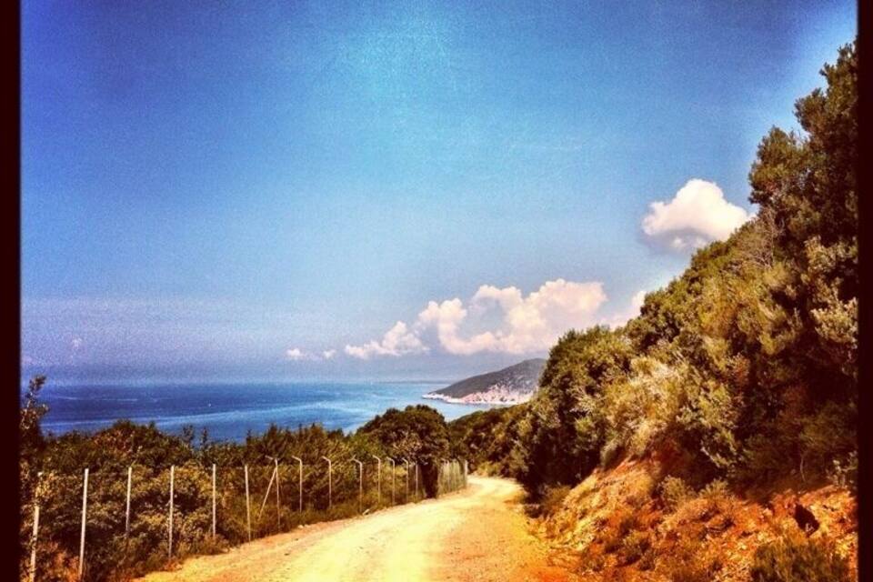 A dirt road leading to a coastal area with a clear sky and a view of the sea.