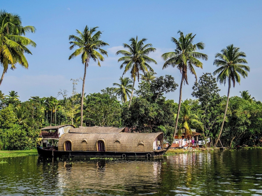 A traditional houseboat on a river surrounded by lush greenery and tall palm trees.