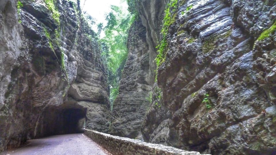 A narrow canyon road flanked by steep rock walls with patches of greenery.