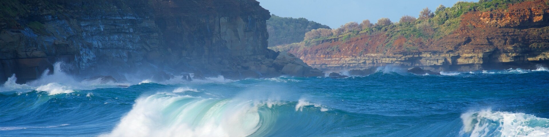 Avoca Beach showing a bay or harbor, waves and rugged coastline