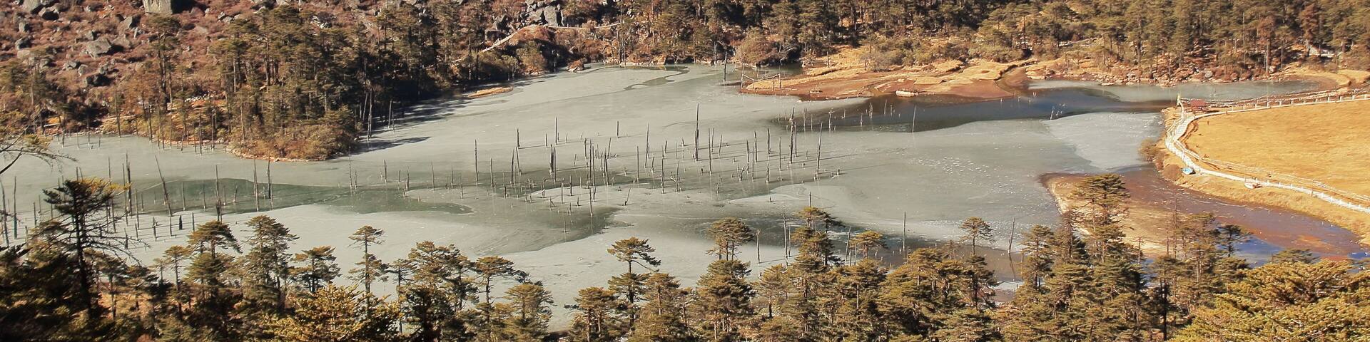scenic view of madhuri lake or sungester lake, a famous tourist destination of tawang, located on himalayan foothills in arunachal pradesh, india