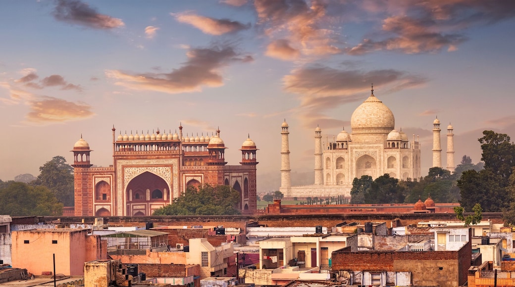 Panorama of Taj Mahal view over roofs of Agra