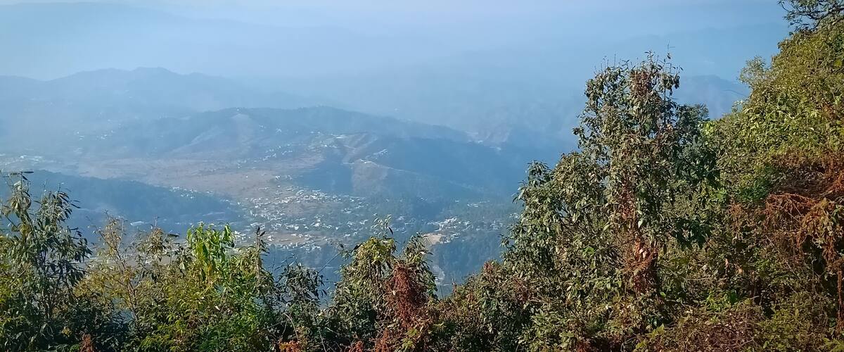 A mountainous landscape with dense vegetation in the foreground and a valley in the background.