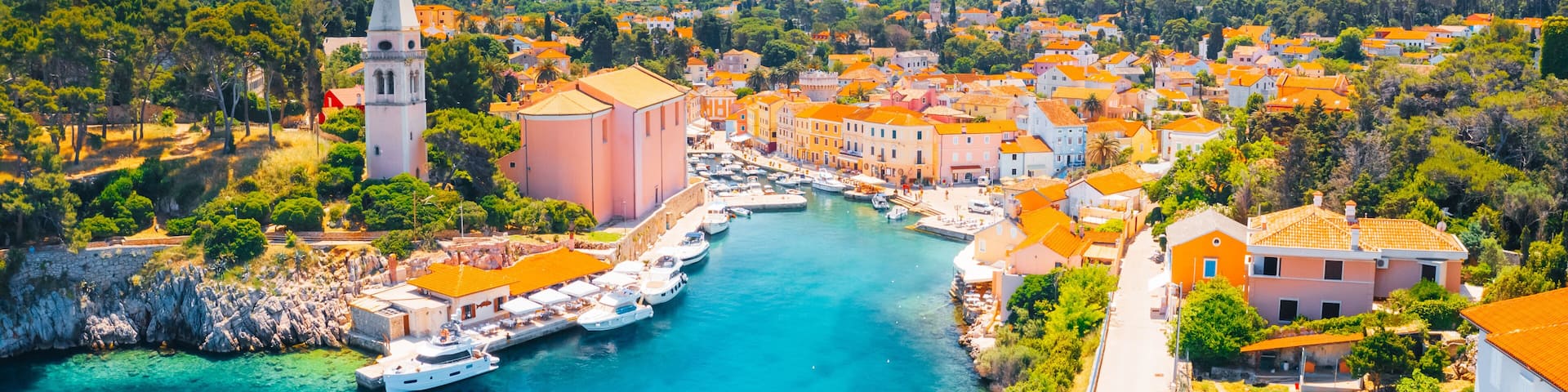 Scenic view of the blue lagoon village Veli Losinj on sunny day. Location place Kvarner Gulf, island Losinj, Croatia, Europe.