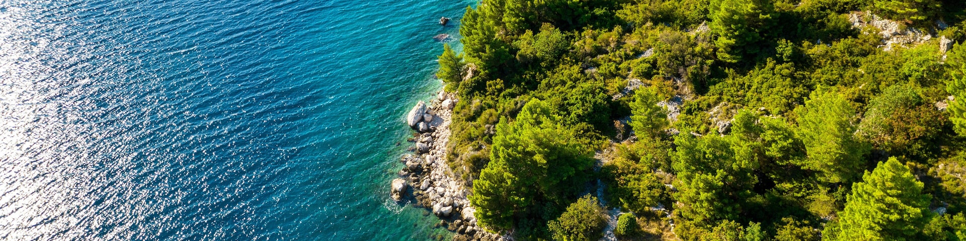 A coastal landscape with clear turquoise waters, dense green forest, and rocky shoreline.