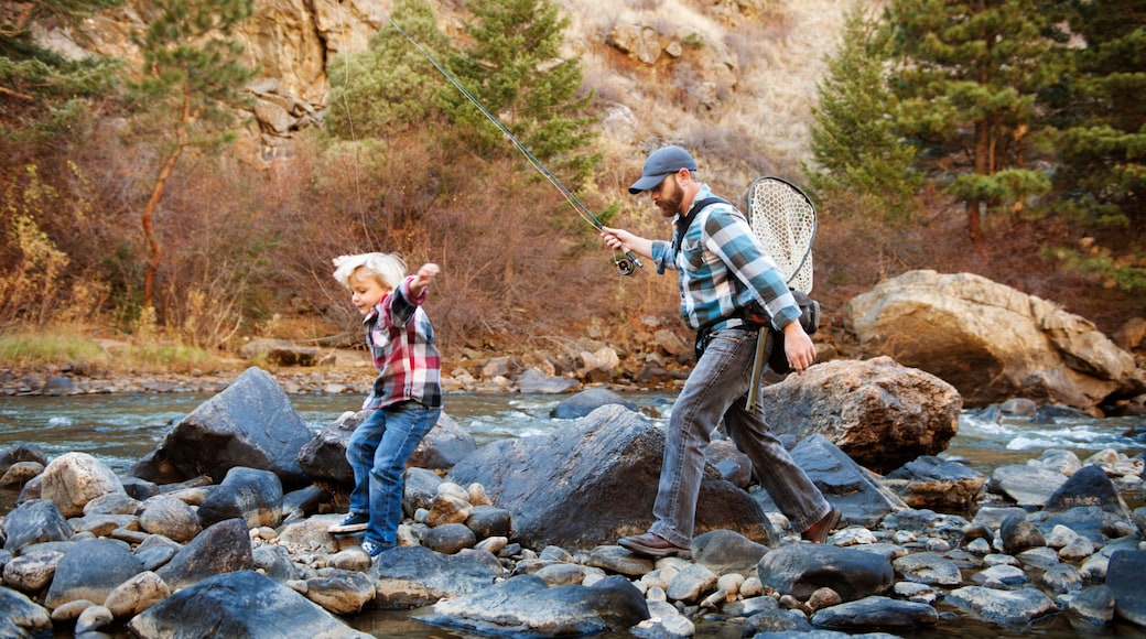Father and son fishing in stream