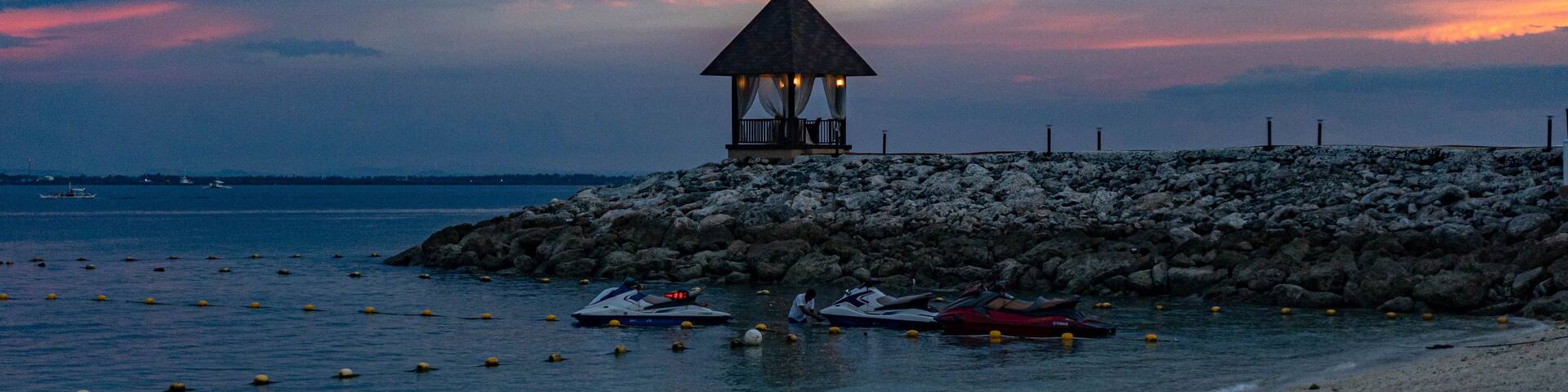 small pavilion dining spot in front of sea in Shangri-La Resort In Mactan Island, Cebu, Philippines