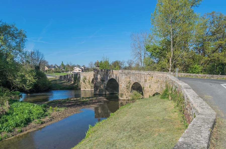 A stone bridge over a calm river, surrounded by greenery and trees.