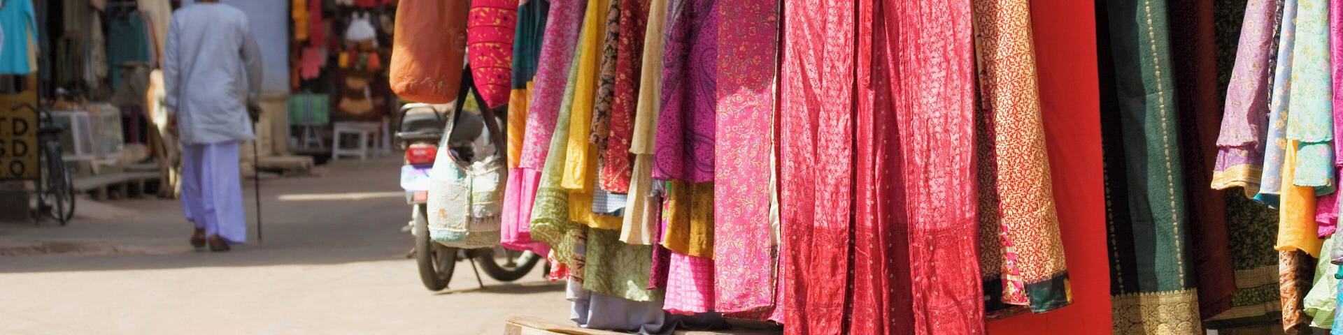 Clothes on display in a market, Pushkar, Rajasthan, India