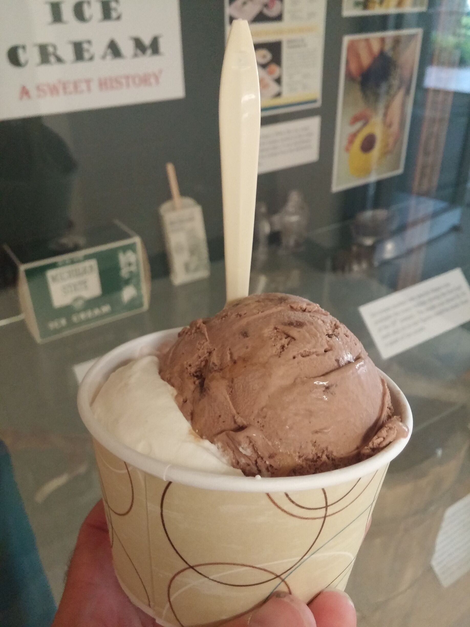 A scoop of Scarlet Knight Delight and a scoop of Dantonio's Double Fudge Fake from the famous MSU dairy store.
