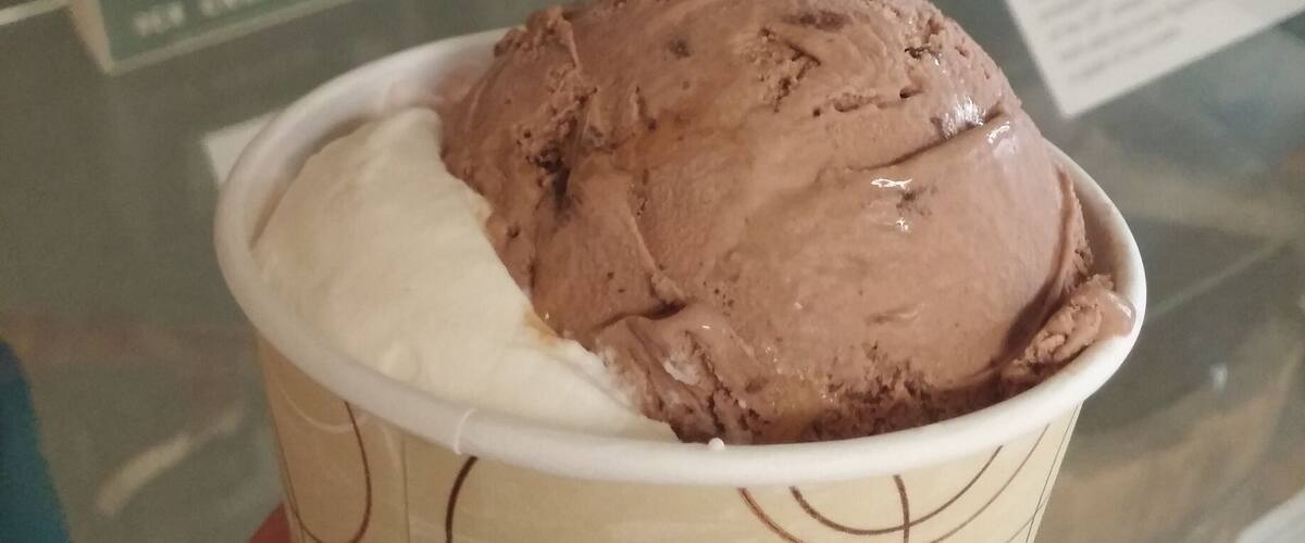 A scoop of Scarlet Knight Delight and a scoop of Dantonio's Double Fudge Fake from the famous MSU dairy store.