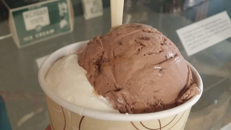 A scoop of Scarlet Knight Delight and a scoop of Dantonio's Double Fudge Fake from the famous MSU dairy store.